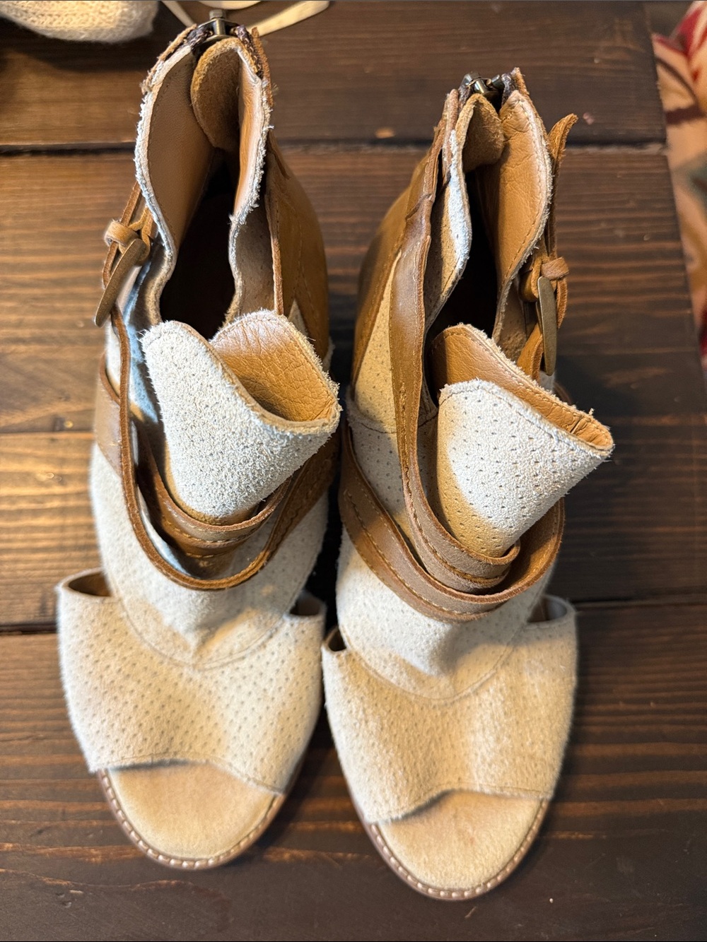 Neutral Suede and Tan Leather Wrap Heel Sandals